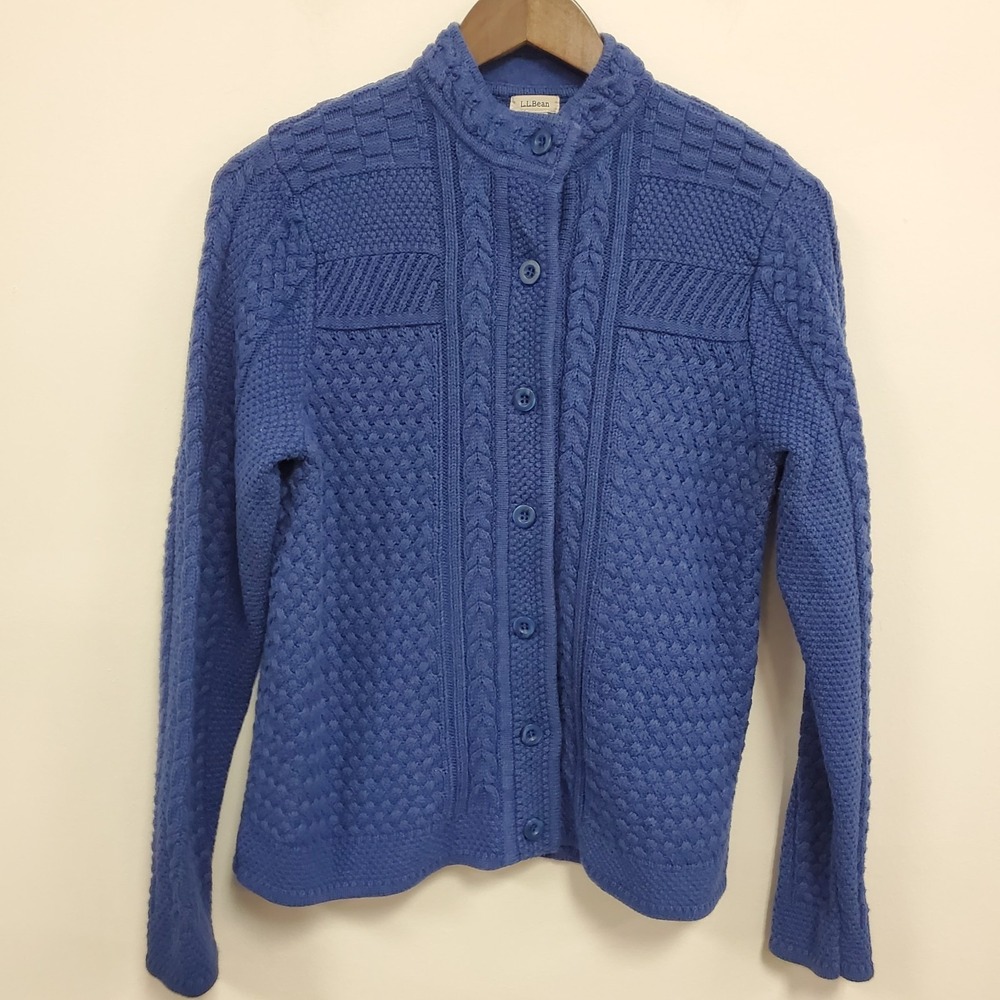 LL Bean Womens Button Up Cable Knit Cardigan Size L Blue Fisherman Cotton Layers